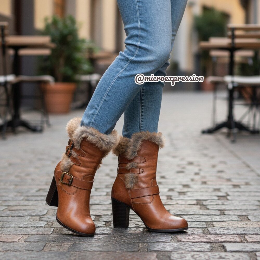 RARE Frye Penny Lux Rabbit Fur-Lined Cognac Leather Buckle Heeled Ankle Booties - Picture 5 of 16